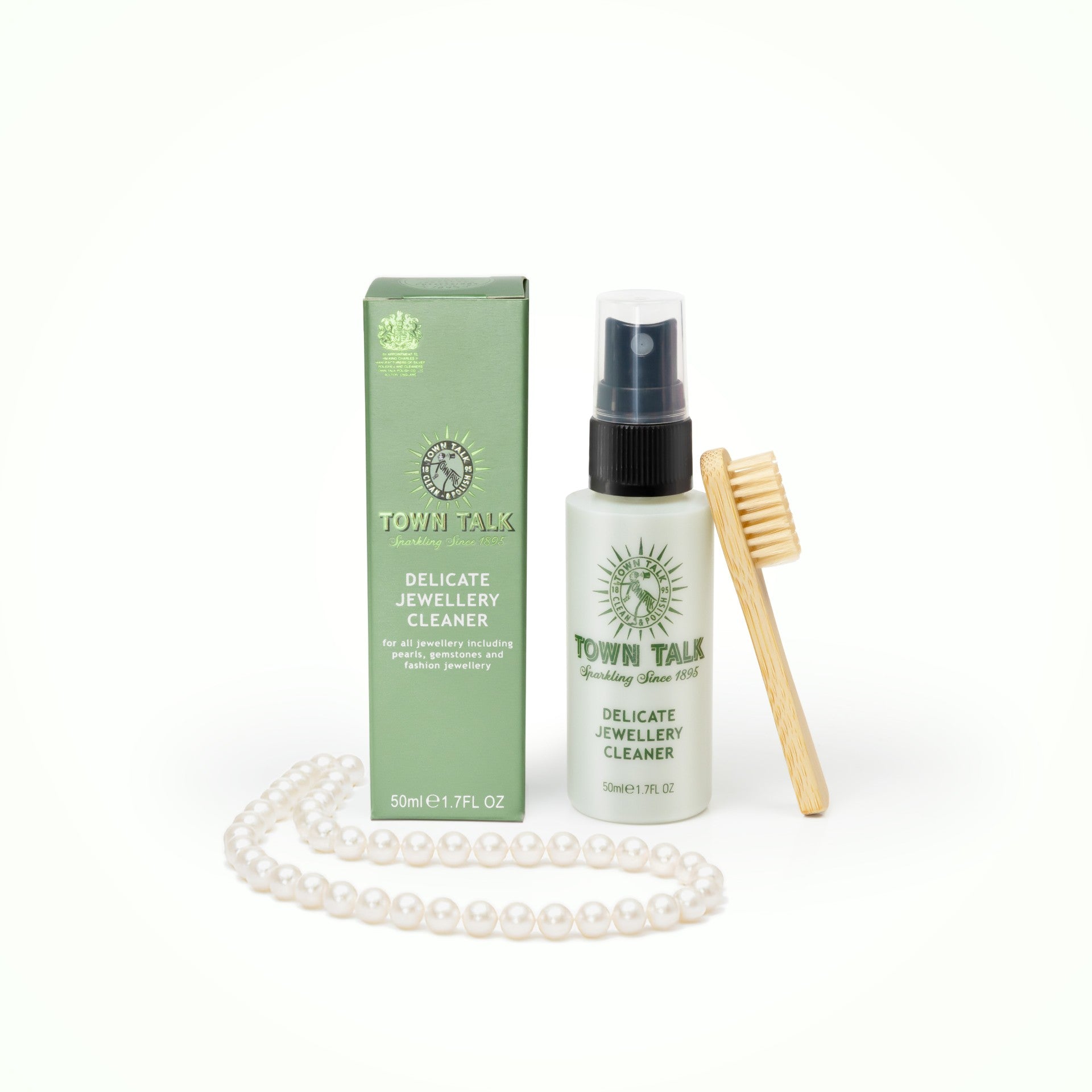 Town Talk Polish Delicate Jewellery Cleaner 50ml Spray Bottle with Brush, Pearl Necklace and Packaging