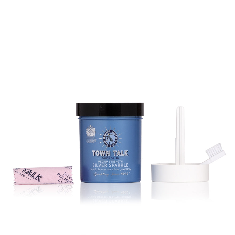 Town Talk Polish Silver Sparkle Liquid Cleaner 225ml Jar with Dipping Basket, Cleaning Brush And Polishing Cloth