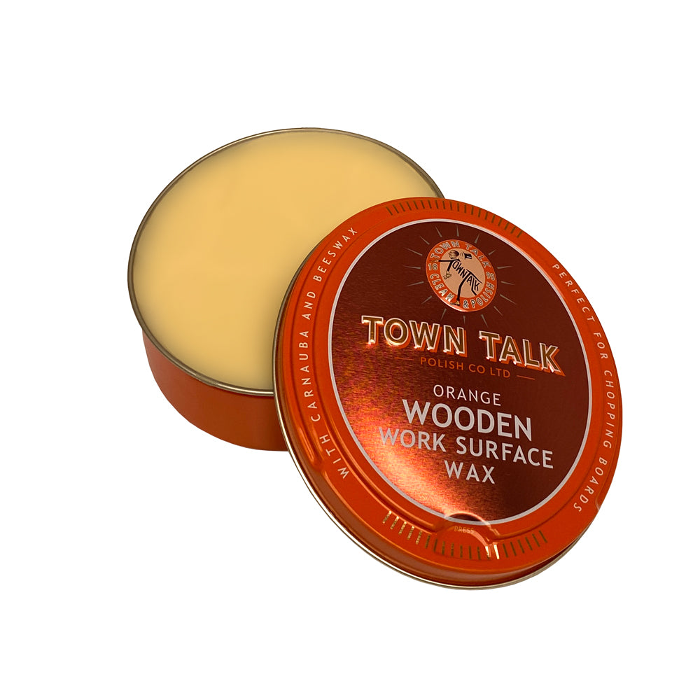 Town Talk Polish Orange Wooden Work Surface Wax with Carnauba and Beeswax Open Tin