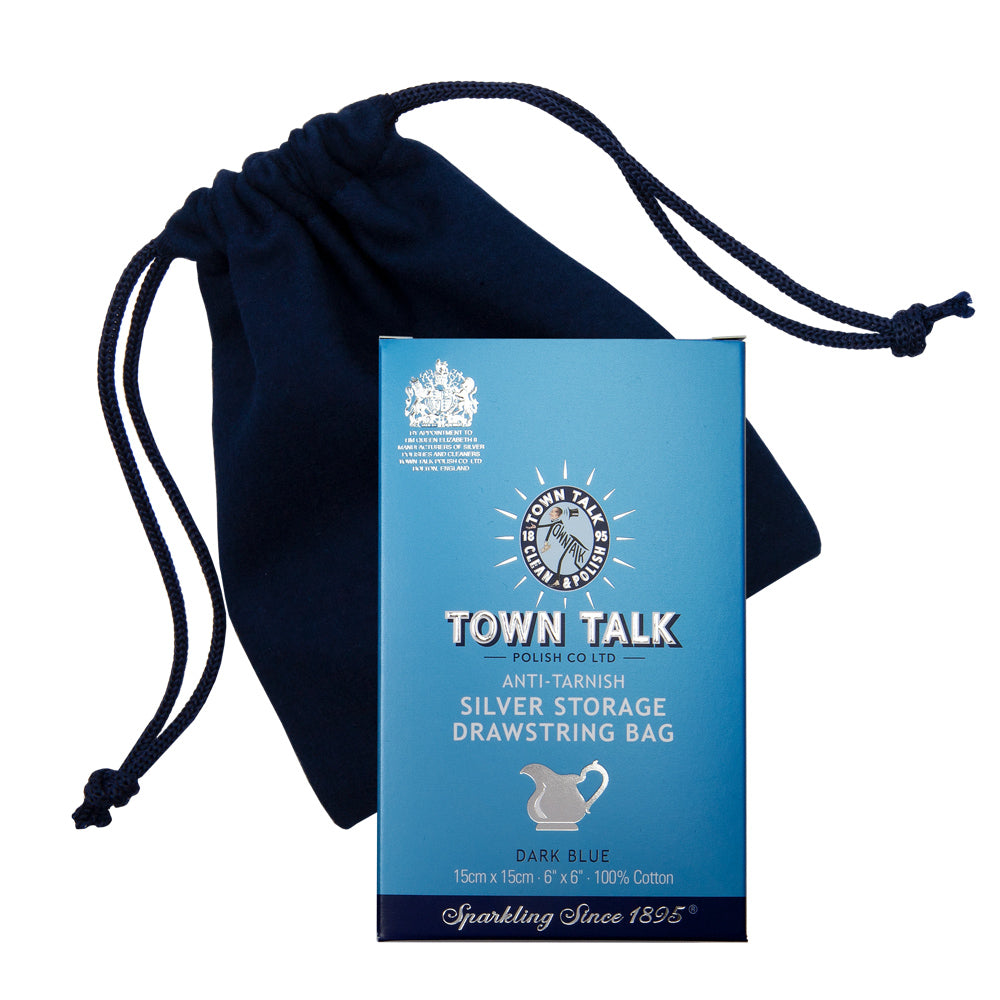 Town Talk Polish Anti-Tarnish Silver Storage Drawstring Bag Dark Blue 15x15cm with Bag and Packaging