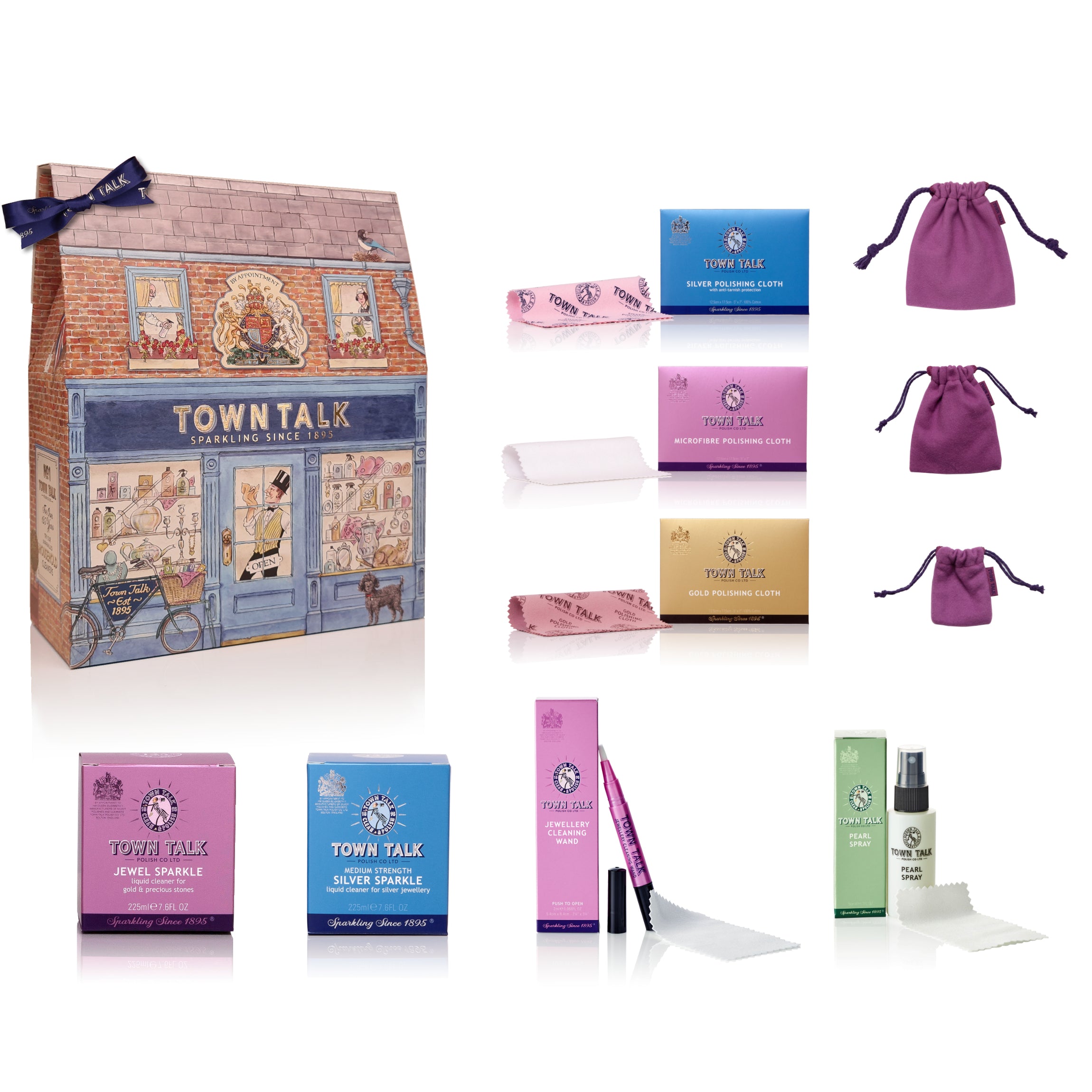 Town Talk Complete Jewellery Care Gift Box with Polishing Cloths, Anti-Tarnish Pouches, Jewel Sparkle, Silver Sparkle, Jewellery Wand and Pearl Spray