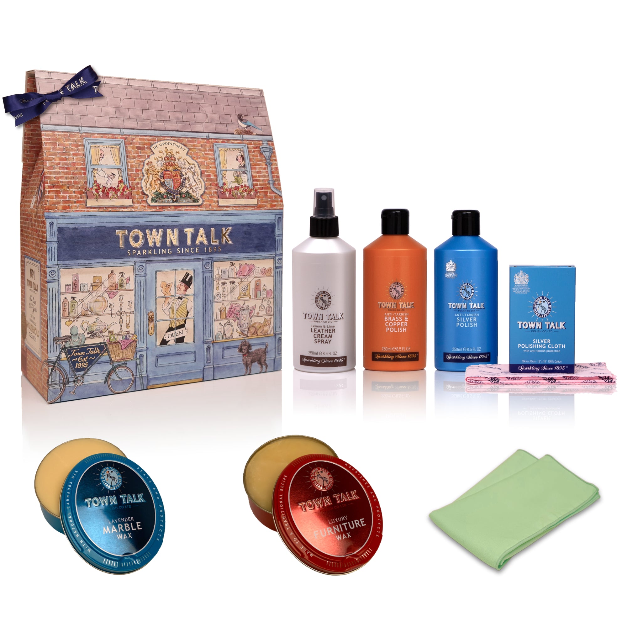 Town Talk Antique Collectors Care Kit Gift Box with Leather Cream, Brass and Copper Spray, Silver Polish, Polishing Cloth, Marble Wax and Furniture Wax