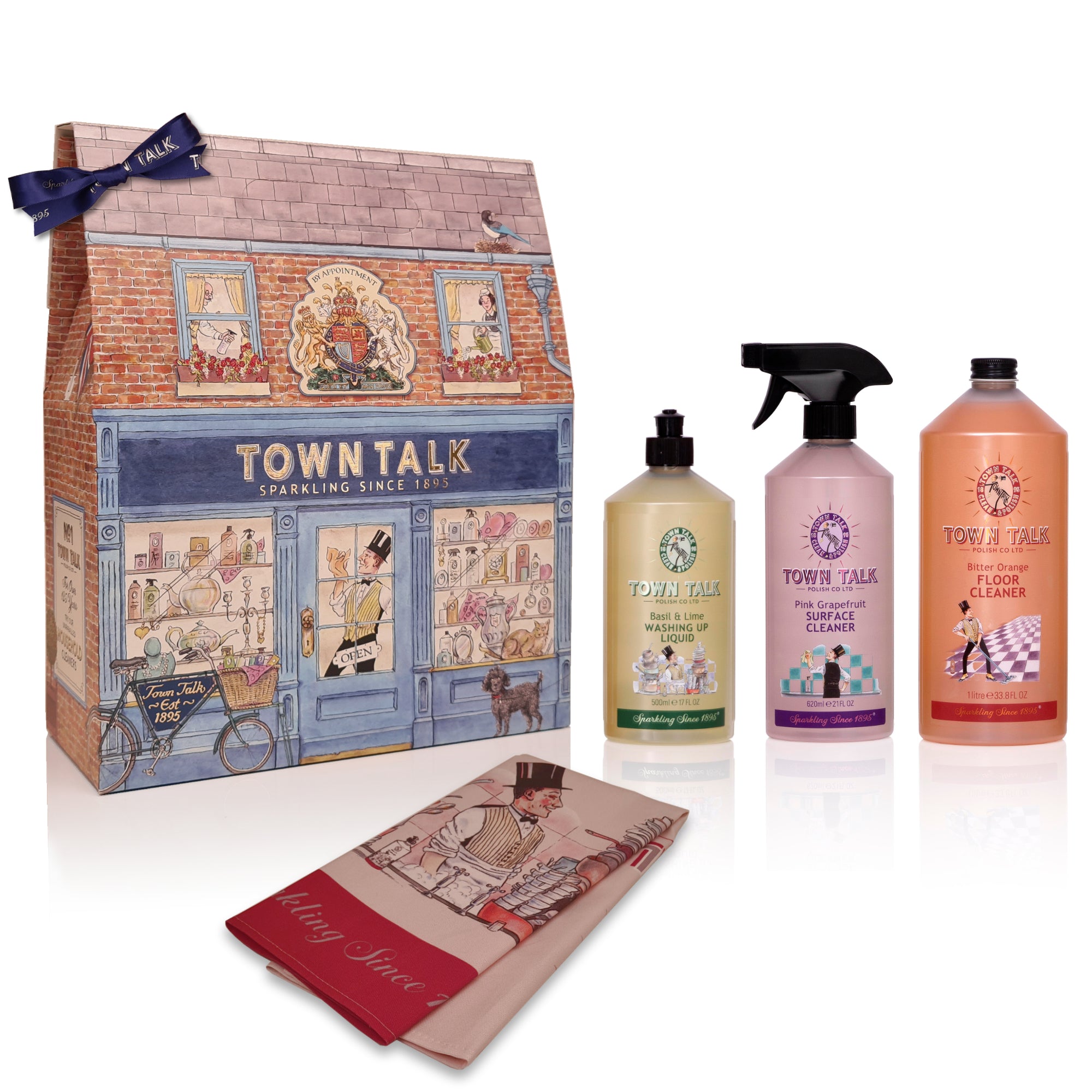 Town Talk Home Cleaning Gift Box with Washing Up Liquid, Surface Cleaner, Floor Cleaner and Tea Towel