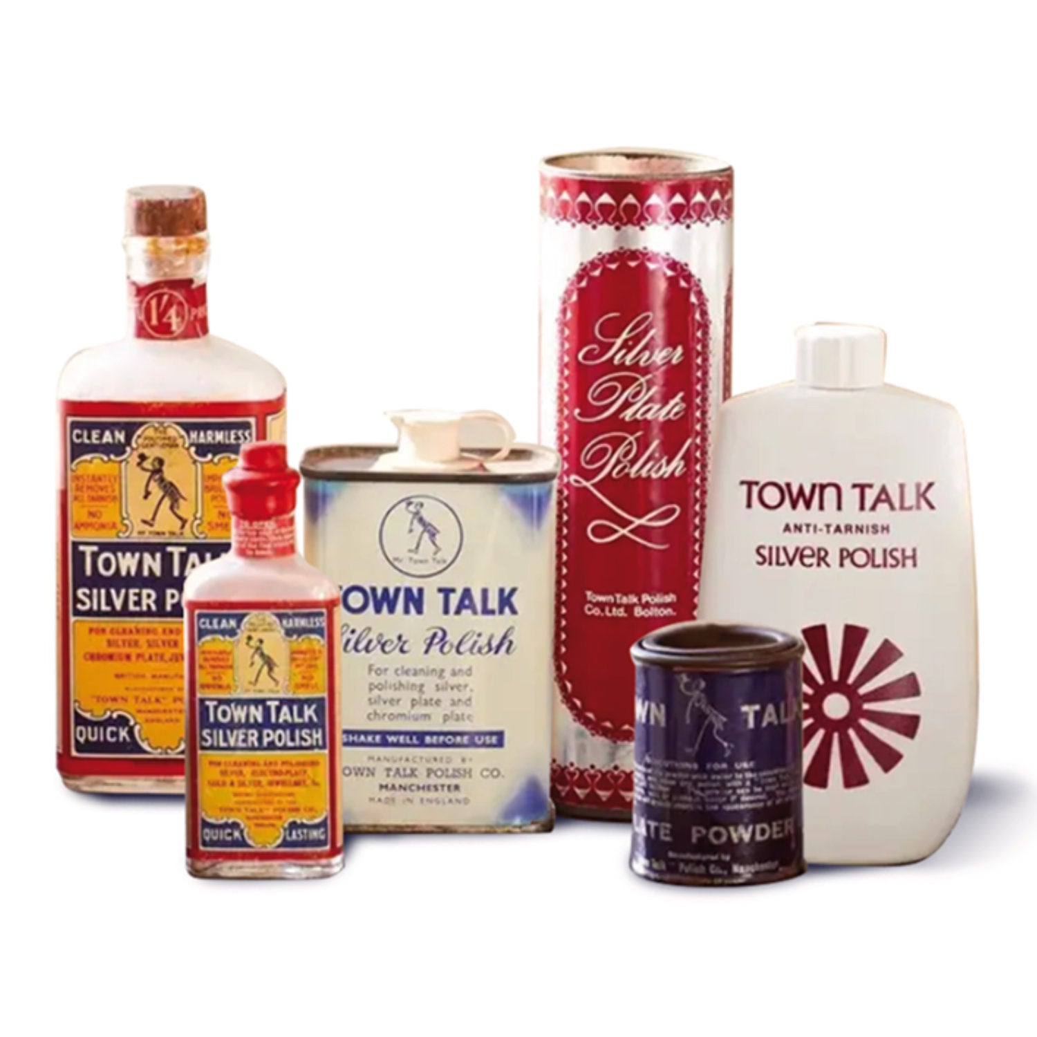 Town Talk Historical Product Collection Showing Vintage Silver Polish Packaging Through the Years