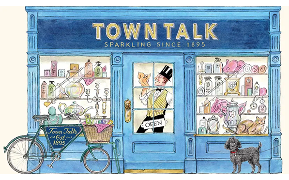 Town Talk Sparkling Since 1895 Vintage Shop Front Illustration With Products On Display