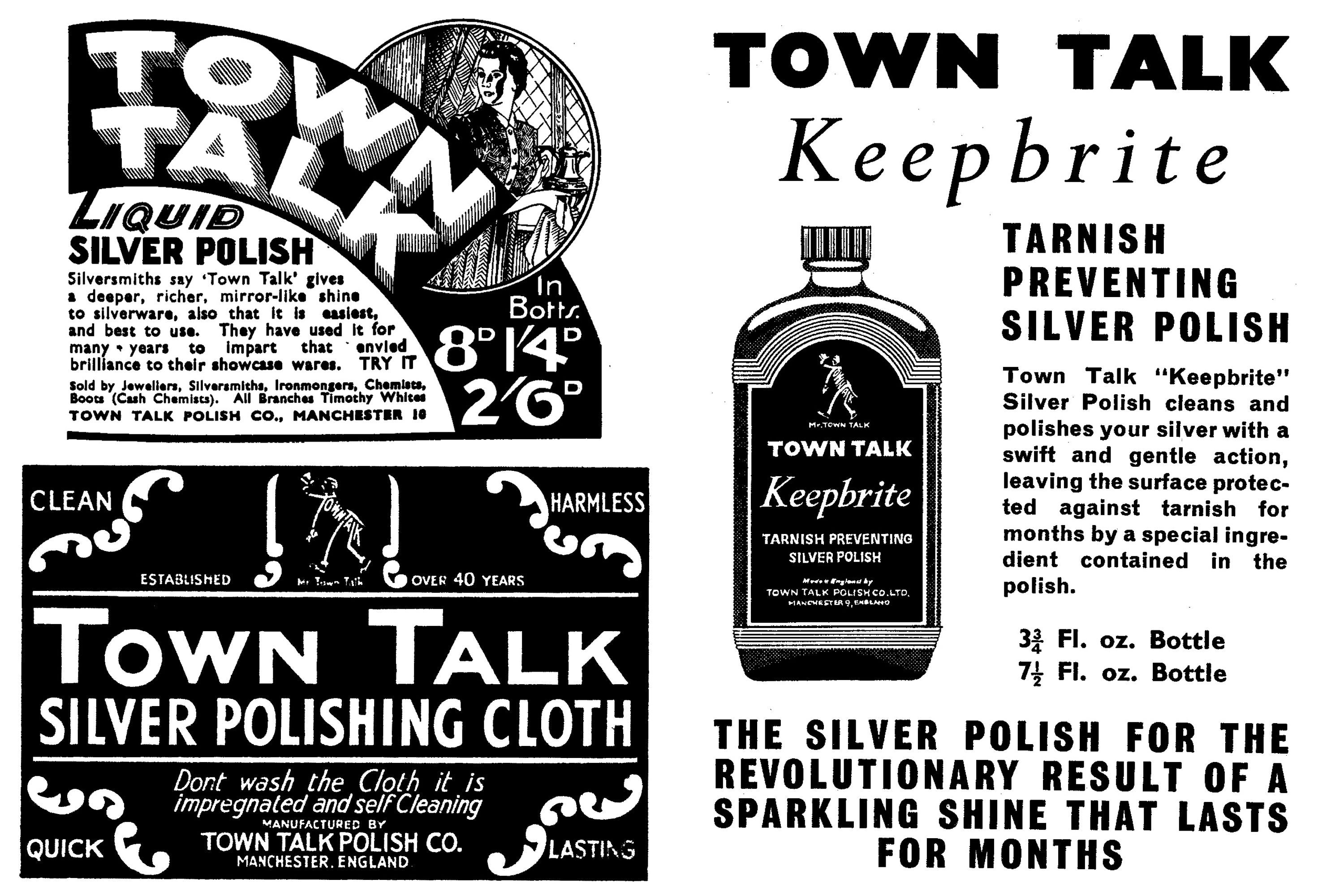 Vintage 1930s Town Talk Advertisements for Liquid Silver Polish, Silver Polishing Cloth and Keepbrite Tarnish Preventing Polish