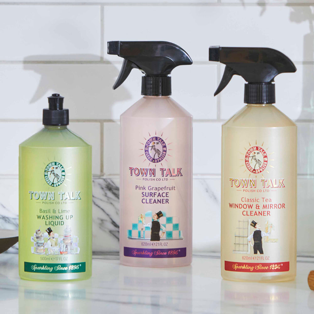 Town Talk Basil & Lime Washing Up Liquid, Pink Grapefruit Surface Cleaner And Classic Tea Window & Mirror Cleaner
