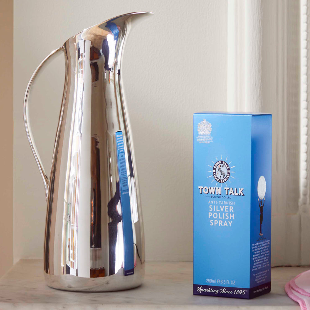 Polished Silver Pitcher Next To Town Talk Anti-Tarnish Silver Polish Spray Box