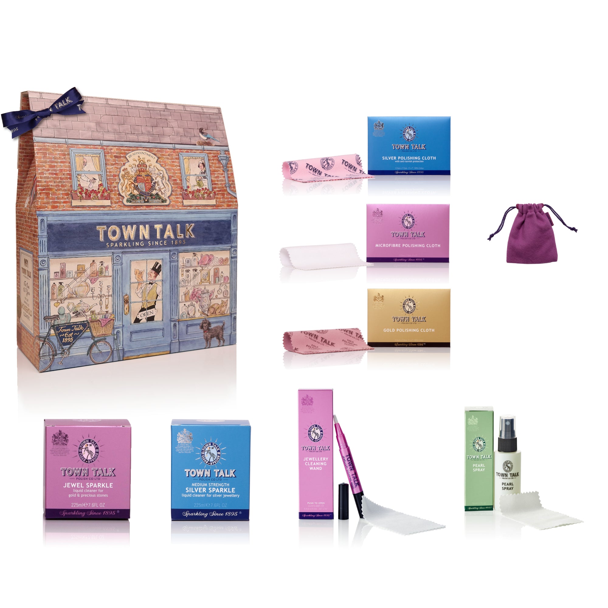 Town Talk Complete Jewellery Care Gift Box with Polishing Cloths, Anti-Tarnish Pouches, Jewel Sparkle, Silver Sparkle, Jewellery Wand and Pearl Spray