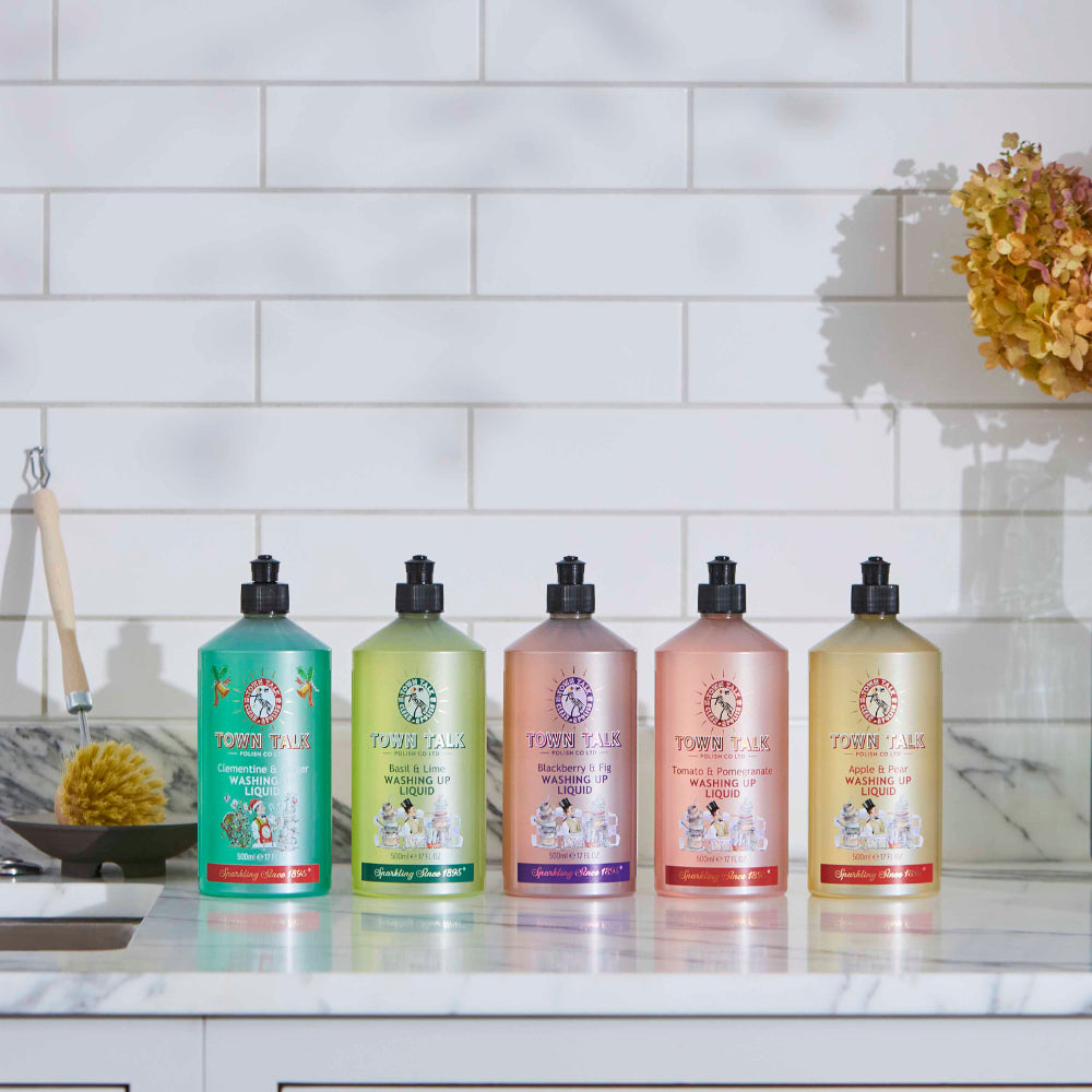 Town Talk Polish Washing Up Liquids Full Range Lifestyle Shot on Kitchen Marble Countertop with White Tile Backdrop